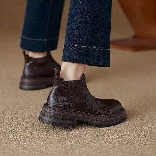 Pravá měkká kůže platforma britský styl chell boty krátké boty dámské 2025 podzim nové kulatá špička krátké boty martinky dámský trend