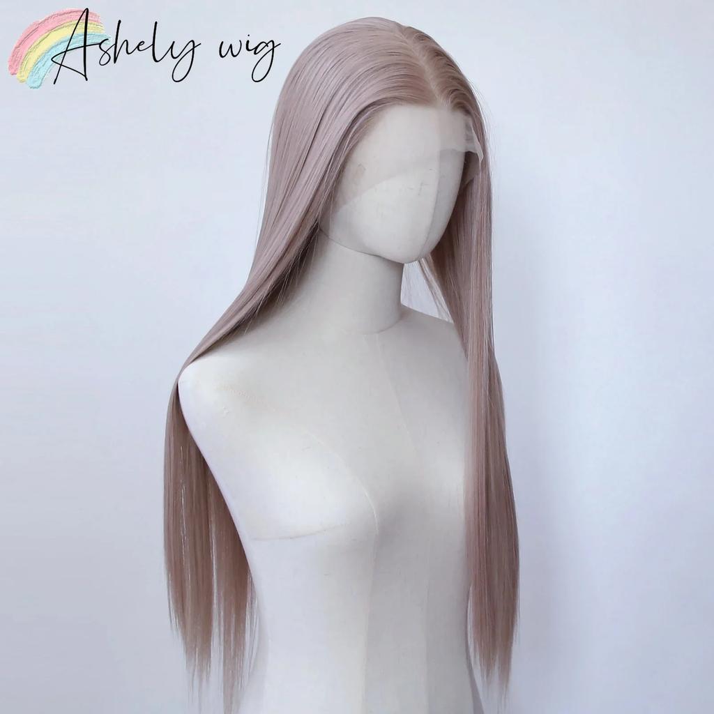 13*4 Grau Rosa Synthetische Spitze Front Perücken Graublau Rosa Rose Lange Gerade Spitze Front Perücke für Frauen Vorzupft Natürlicher Haaransatz