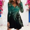 Women Plus Size Light Purple Printed V Neck Long Sleeve A Line Dress