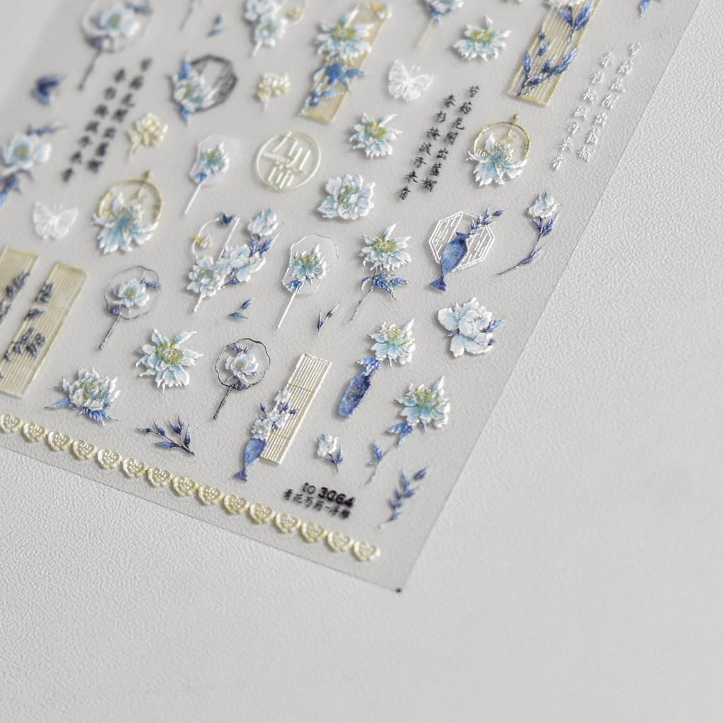 Blue and White Porcelain Chinese 5D Butterfly Flowers Vase Swallow Window Gold Stamping Nail Art Stickers Manicure Decals