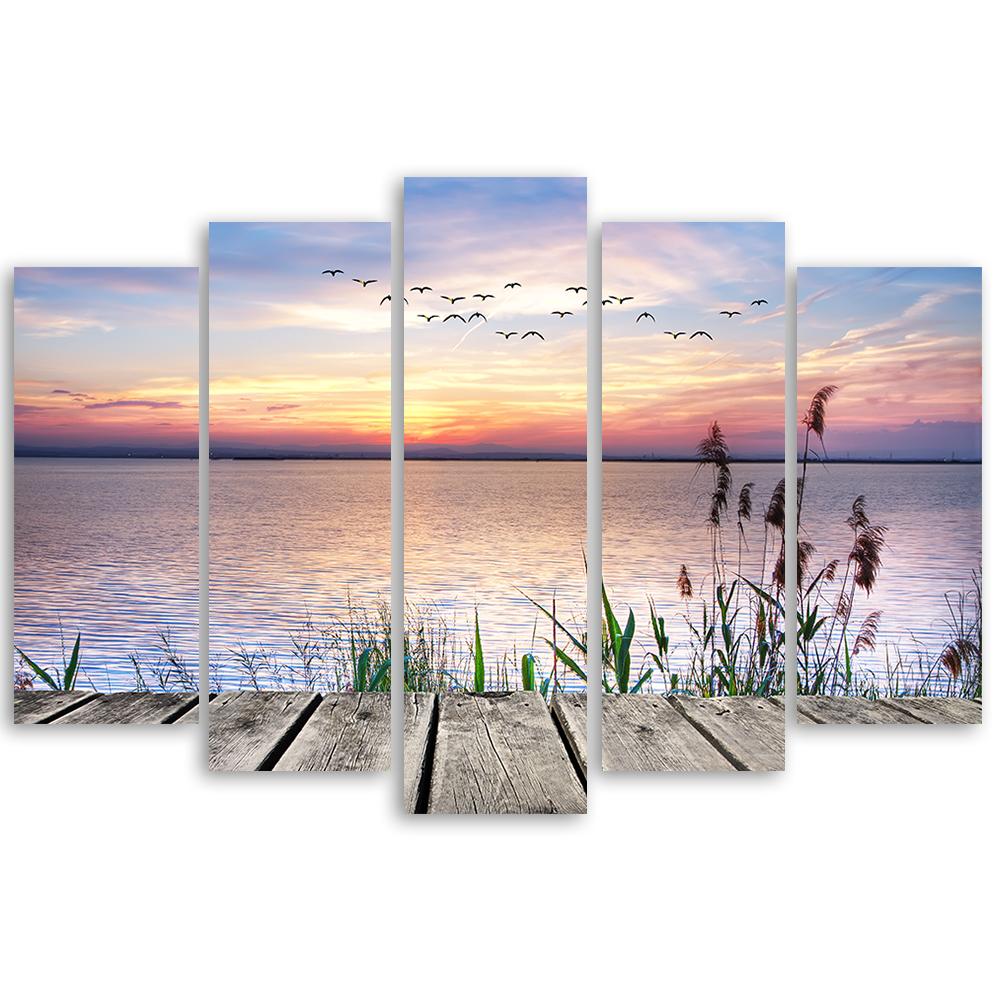 Five Piece Picture Canvas Print Footbridge Beach Sunset