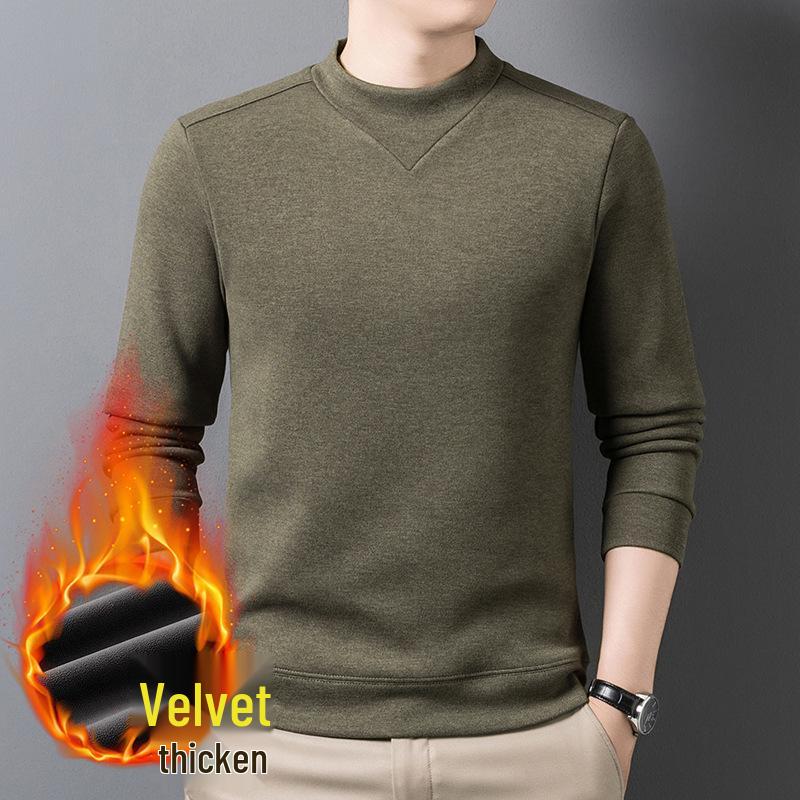 2025 Men s Autumn/Winter Stand-Up Collar Fleece-Lined Sweatshirt - Warm, Thick, Plain Long-Sleeve Base Layer Shirt XL оливковое зеленый
