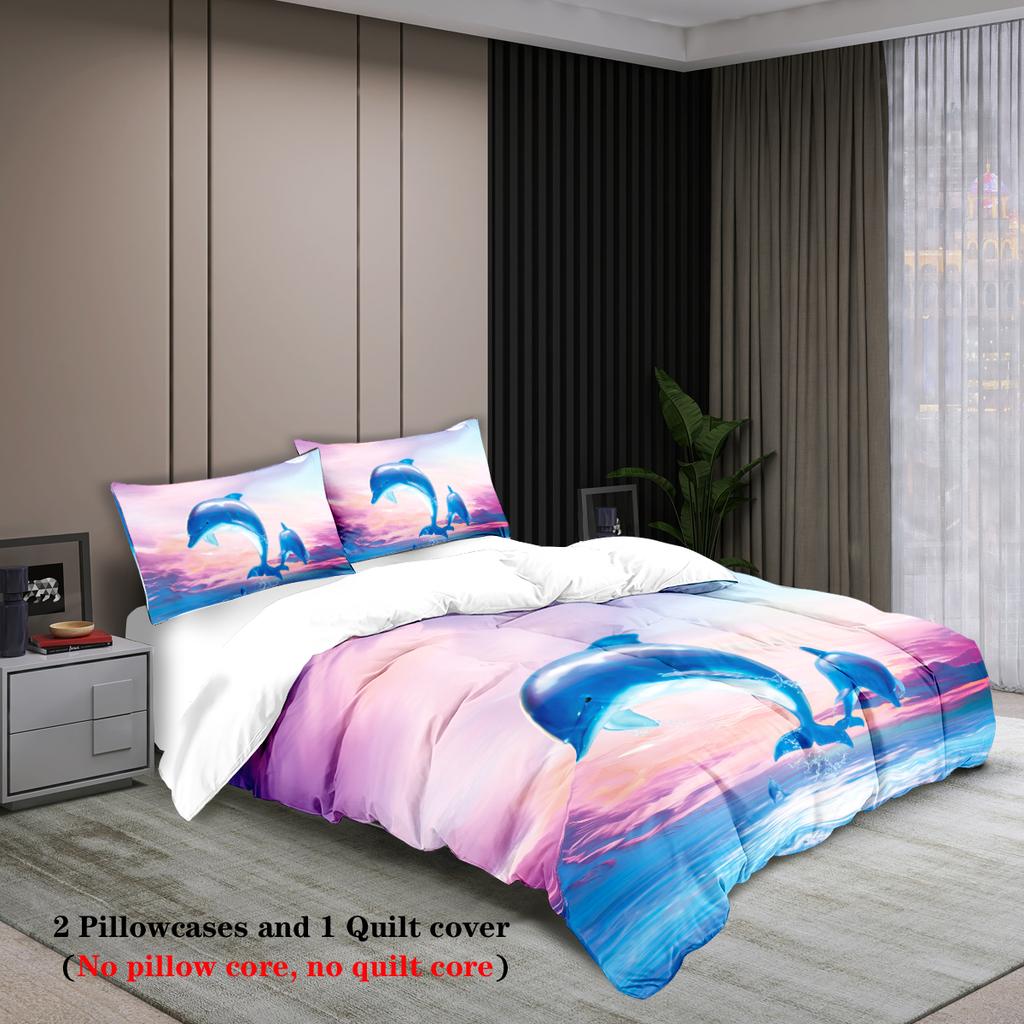 3-piece set, cartoon dolphin pattern printed bedding set, queen, king, double bed, for bedroom, guestroom, hotel