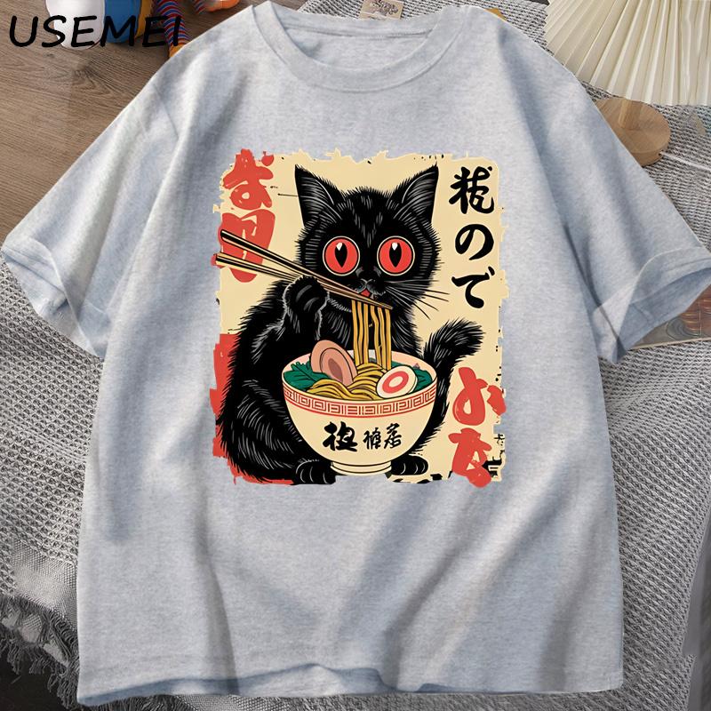 Vintage Japanese Black Cat RaUnisex T Shirts Cute Graphic Tee Funny Cat Eating RaUnisex TShirt Printing Cotton Short Sleeve Vintage