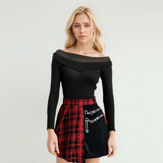 Women Mini Skirt Checkered Print Contrasting Color Pleated Skirt High Waist Metal Chains Belts Decoration Irregular Skirt