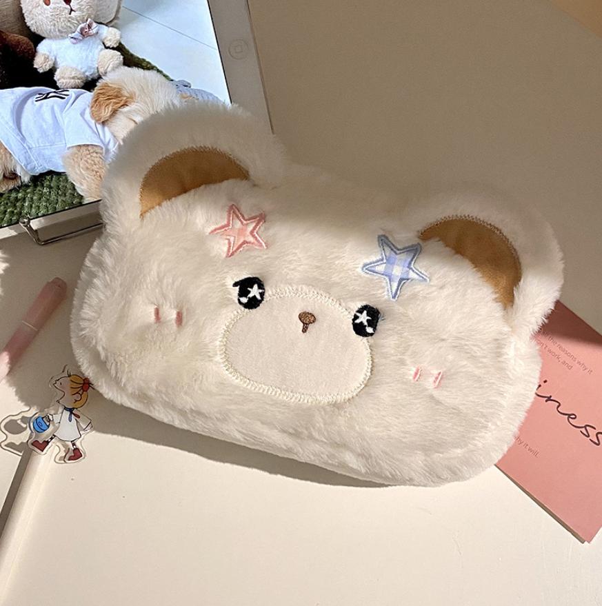 Fluffy Plush Bear Pencil Case Cute Star Embroidery Large Capacity For Students School Office Stationery Storage