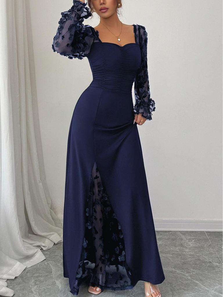 Cross-border Spring/Summer Mesh Long Sleeve Evening Gown with Waist-Cinching Slit and 3D Floral Design for Banquets