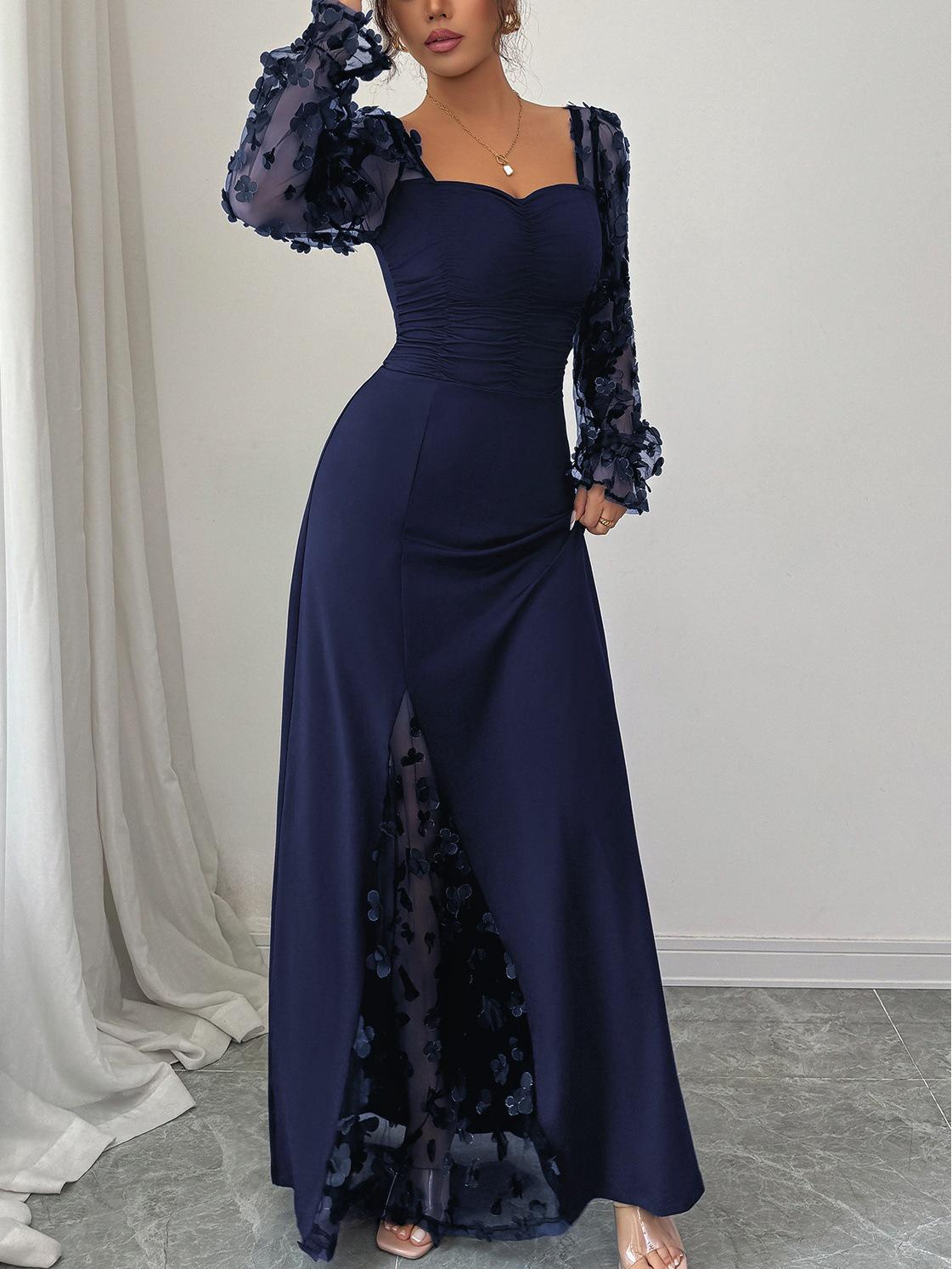 

Cross-border Spring/Summer Mesh Long Sleeve Evening Gown with Waist-Cinching Slit and 3D Floral Design for Banquets 3XL