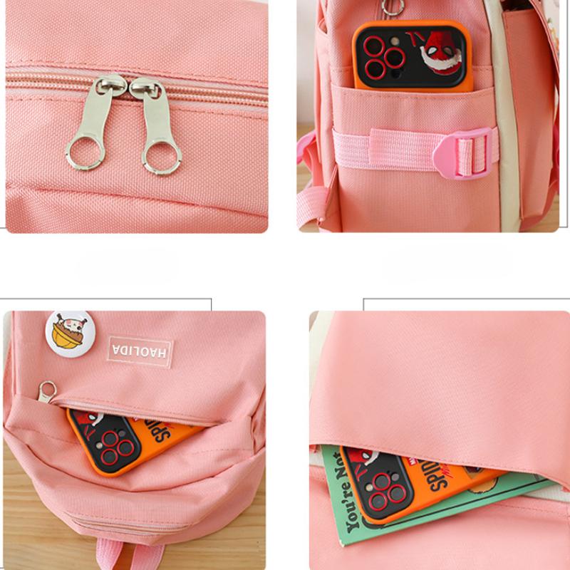 5 Pcs Sets Canvas Schoolbags Girls Women Backpackd Contrast Color Women Laptop Backpack Student Kids Rucksack Backpack