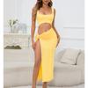 Women Long Dress Solid Color Hollow Navel Sexy Dress