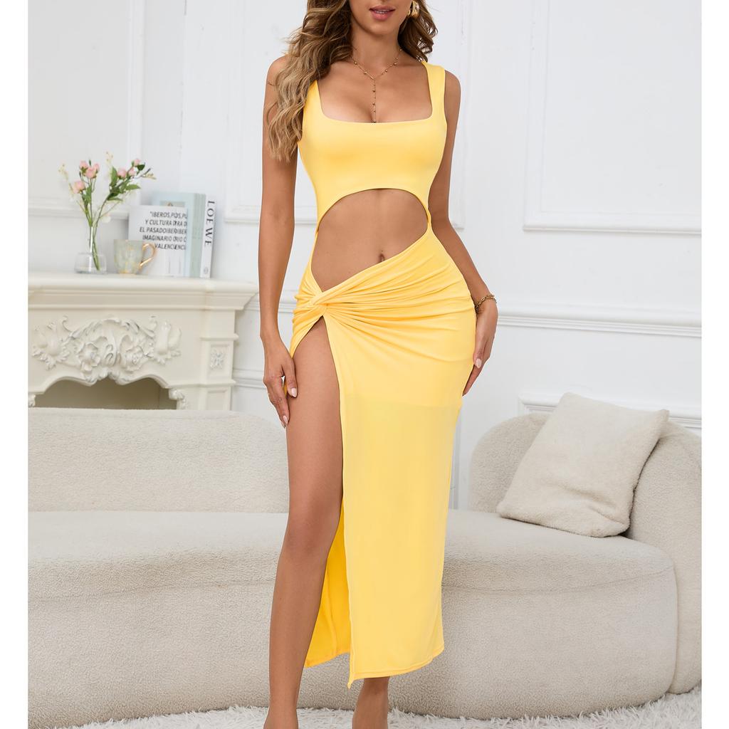 Women Long Dress Solid Color Hollow Navel Sexy Dress