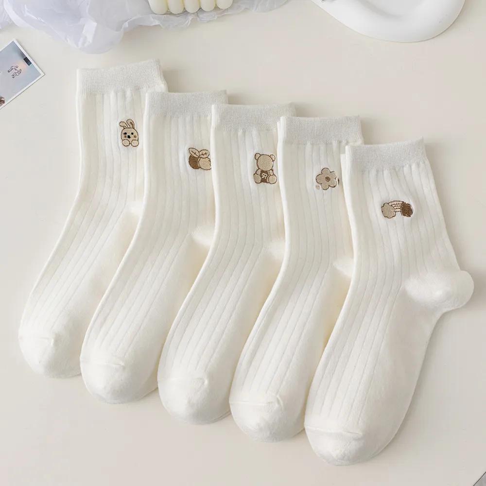 5/10 Pairs Women Round Neck Socks High Quality Autumn Winter Cute Cartoon Breathable Fashion Socks Women Soft Medium Tube Aocks