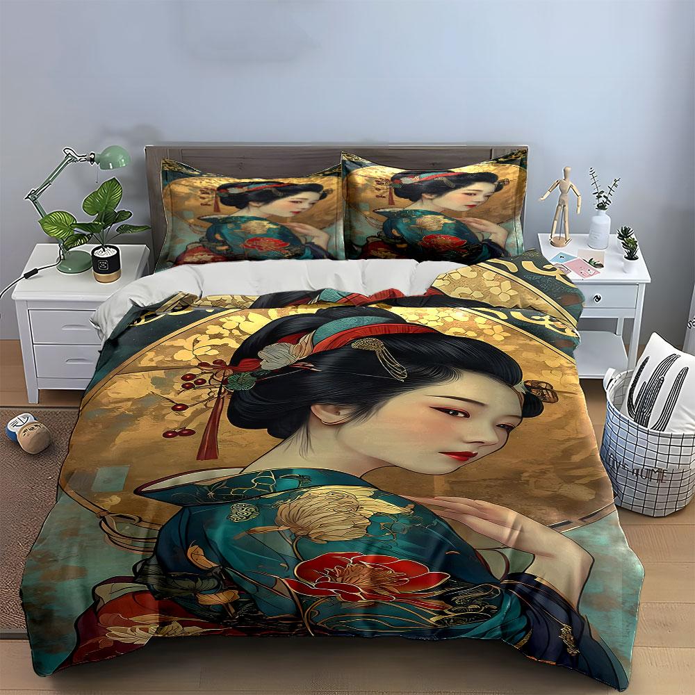 Geisha portrait with flowers. Bedding sets Duvet cover sets Duvet covers Pillowcases(1 * Duvet Cover 2 * Pillowcases without duvet insert)