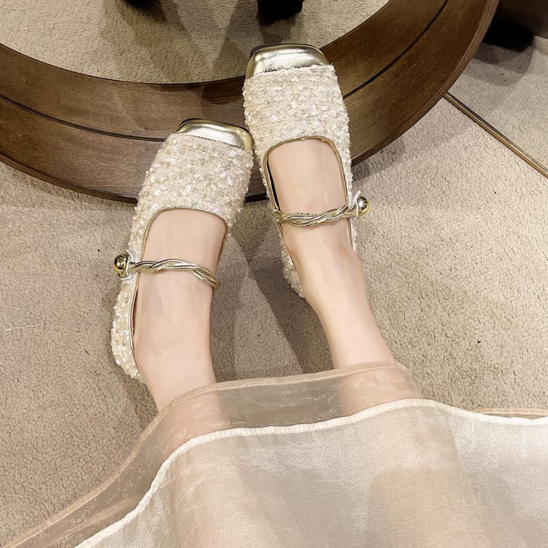 Fashion Shoes Woman Flats Modis Casual Female Sneakers Square Toe Dress 2024 Glitter New Fashion PU Bling Buckle Strap Leisure