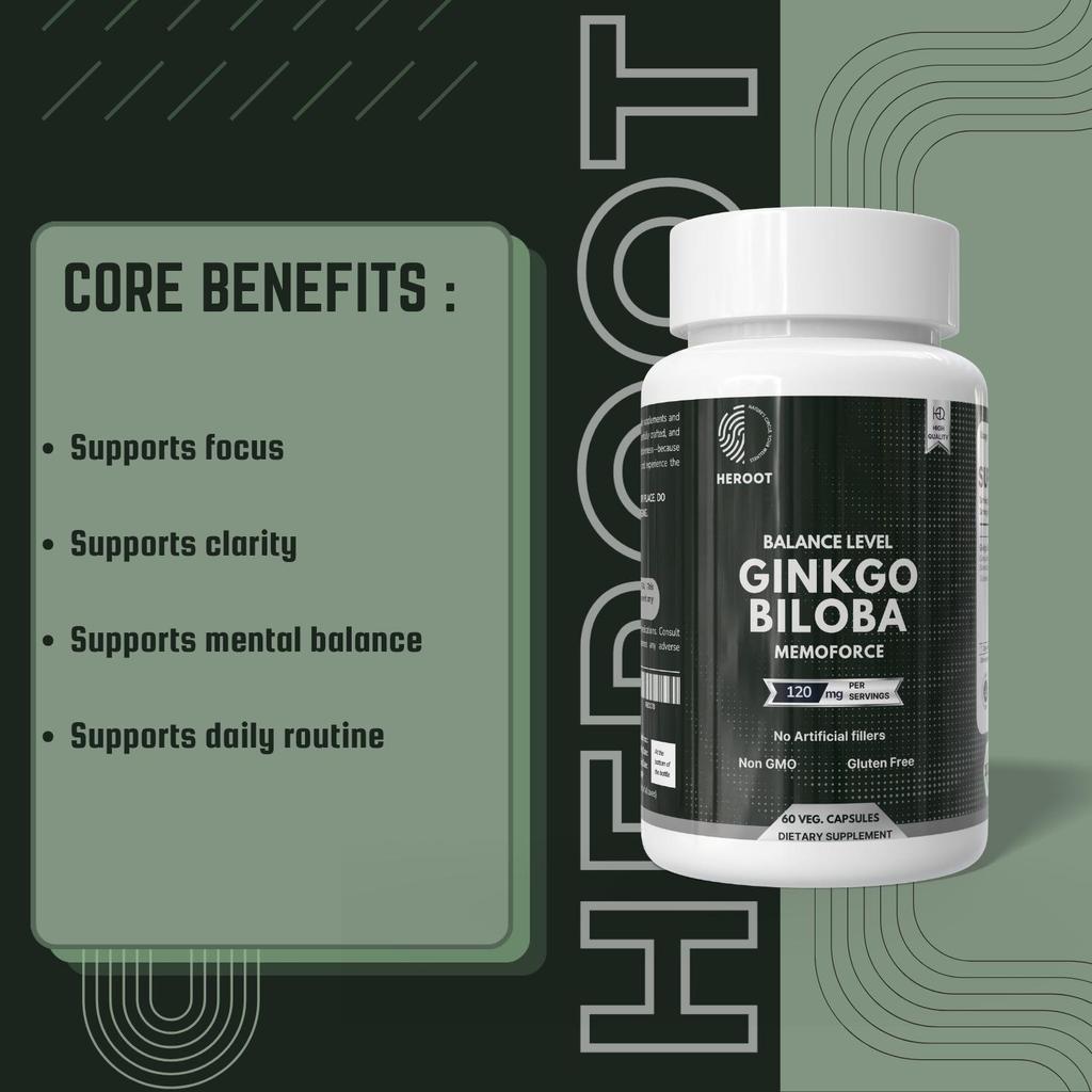 Heroot Estratto di Ginkgo Biloba Capsule da 120mg – Senza Glutine e Non OGM | 60 Capsule