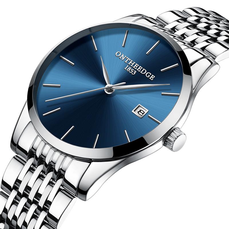 Men's Hong Kong-Style Ultra-Thin Quartz Wristwatch with Steel Band and Calendar