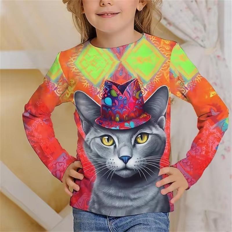 Children's Cartoon Animal Cat Dog Print Colorful Cute T-shirts Boys Long Sleeved Fashionable Soft Comfortable Top