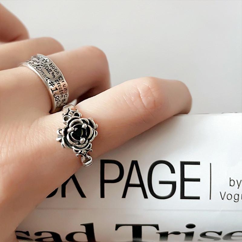 Stylish S925 Vintage English Finger Ring For Women With Unique Gothic Design And Adjustable Size