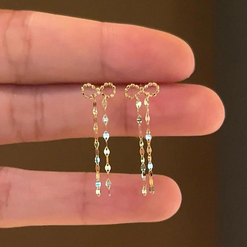 Korean Style Gold Bow Tassel Stud Earrings - Elegant Retro Light Luxury Jewelry