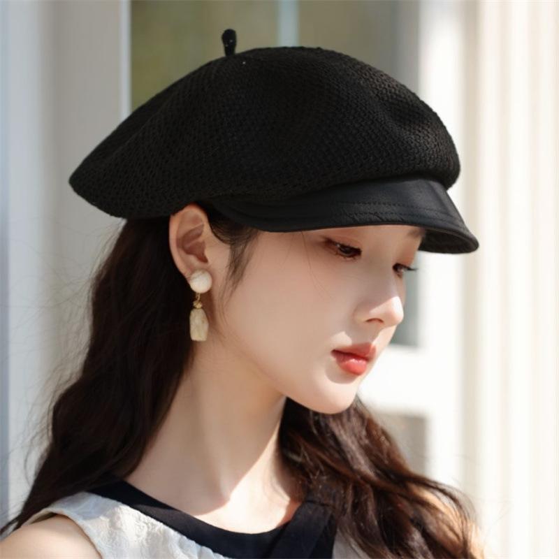 Ricygvm Summer Mesh Berets For Women Hollow Breathable Octagonal Cap Art Retro Pumpkin Hat Trendy Fashionable Girls Sun Protection Visors