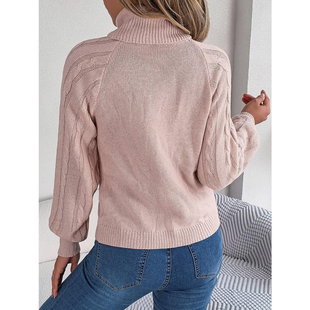 Autumn/Winter Casual Solid-Colour Buttoned Cable-Knit Turtleneck Bell-Sleeve Pullover for Women