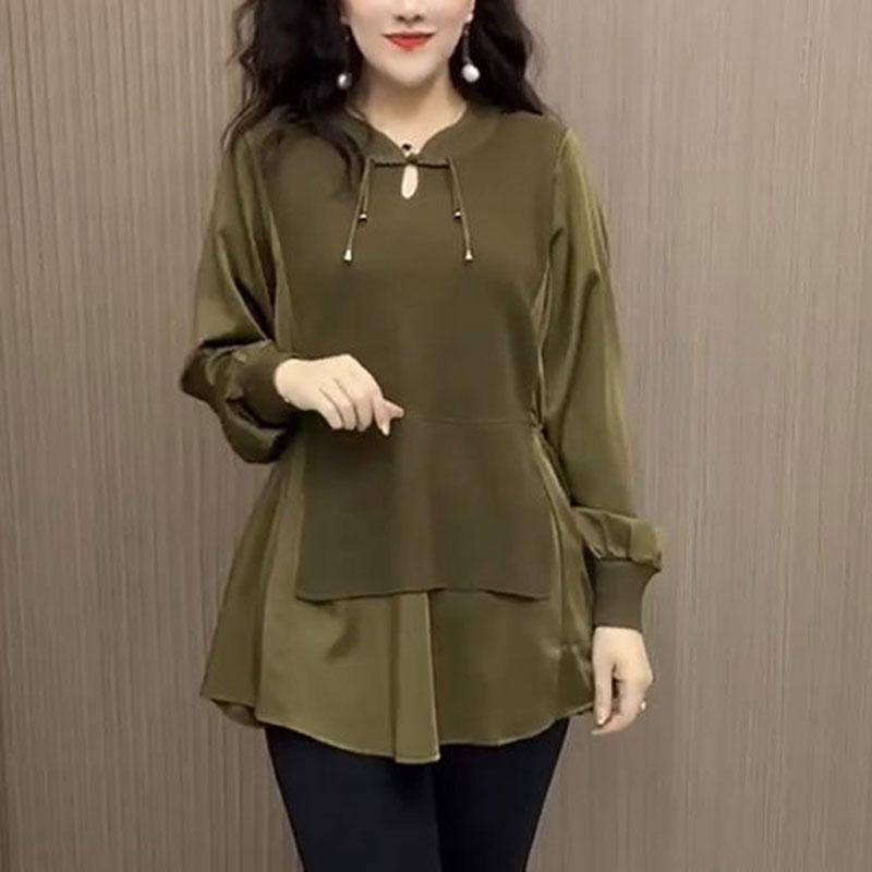 

Рубашка женская свободного кроя в стиле пэчворк, имитирующая двойку, повседневная, с V-образным вырезом, модная, весенне-осенняя, винтажная блузка с китайской застежкой-пуговицей XL