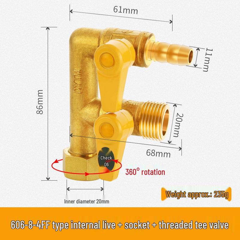 Telu Copper Gas Pipe Tee Valve, Y-Type 4-Point Ball Valve, One-in-Two Natural Gas Switch