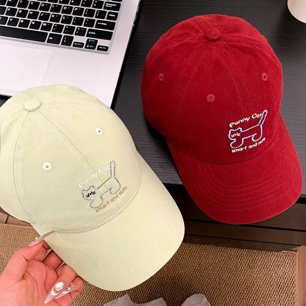 Korean Style Cat Embroidered Cap Breathable Cotton Peaked Hat Sunscreen Baseball Cap  Boys Girls