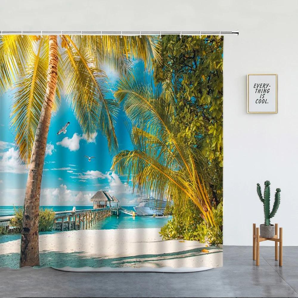 Seaside Ocean Shower Curtain Summer Beach Water Palm Tree Hawaii Landscape Fabric Bathroom Decor Curtains with Hooks Blue Green