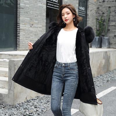 Winter Women Jacket Furry Hood Long Sleeves Pockets Knee Length Plus Size Zipper And Button Closure Thick Plush Lining Cotton Coat Mid Length