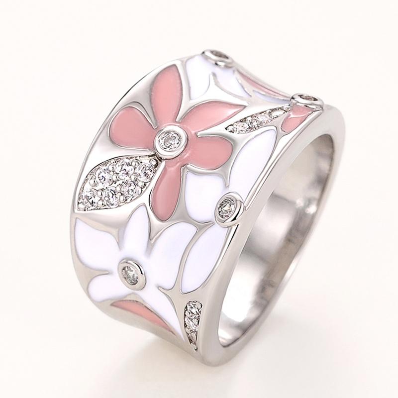 Huitan Romantic Pink/White Flowers Pattern Rings for Women Handmade Enamel Ring with CZ Newly Designed Female Jewelry Fancy Gift
