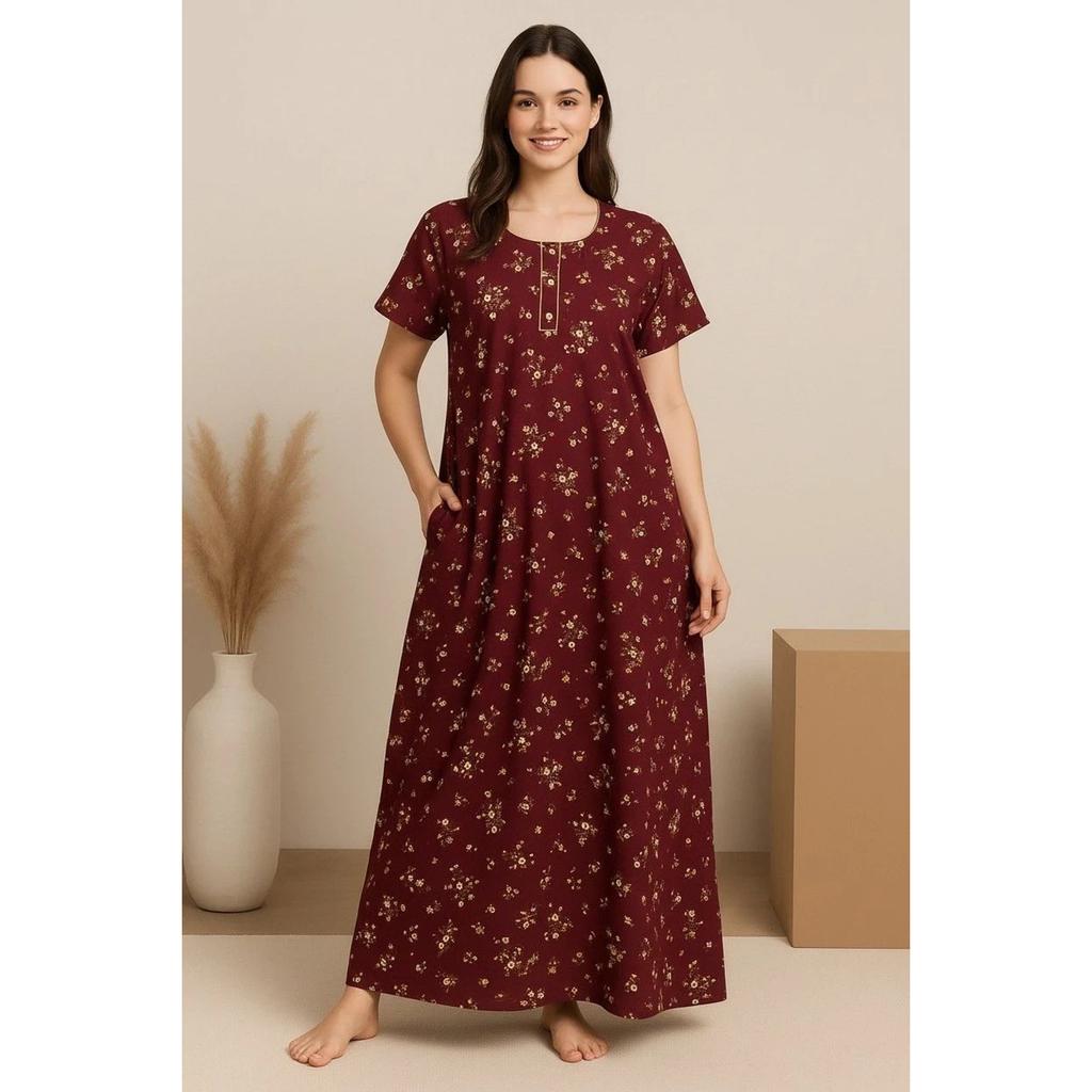 Maroon Beautiful Lightweight Maxi Nighty Women Daily Wear Cotton Night Gown Set