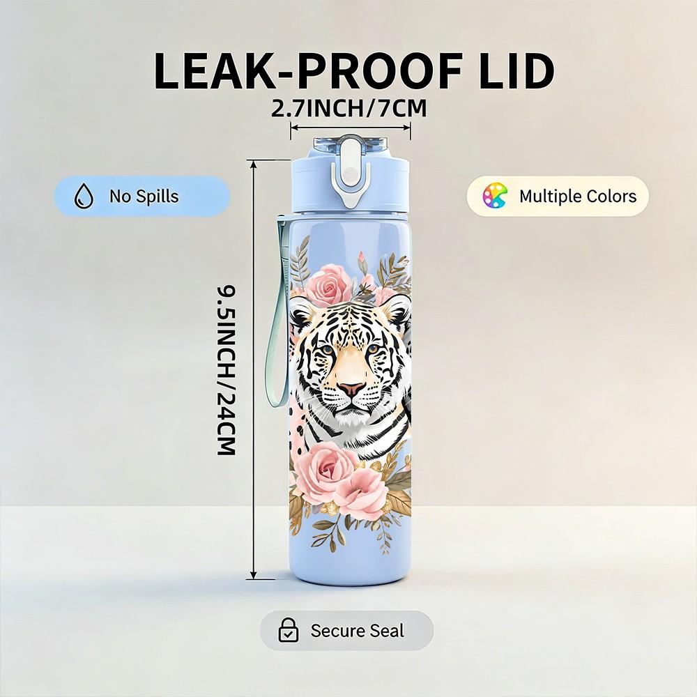 1PC Tiger Flower Wildlife 750ml Color Plastic Sports Water Bottle Leakproof Flip Straw Lid Suitable for Sports Office Home Use