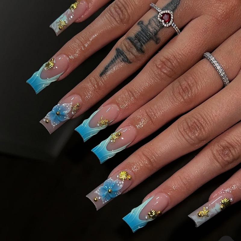 24Pcs Sweet Medium Square False Nails with Glue Blush Pink Flowers Fake Nails Full Cover French Acrylic Press On Nails for Girls