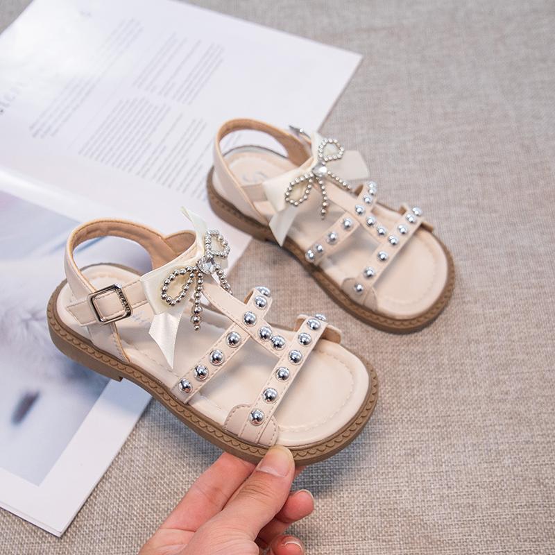 Girls Roman Sandals with Rivet Bow Kids Summer Beach Shoes Soft Sole Children Princess Dress Sandals for Party Wedding