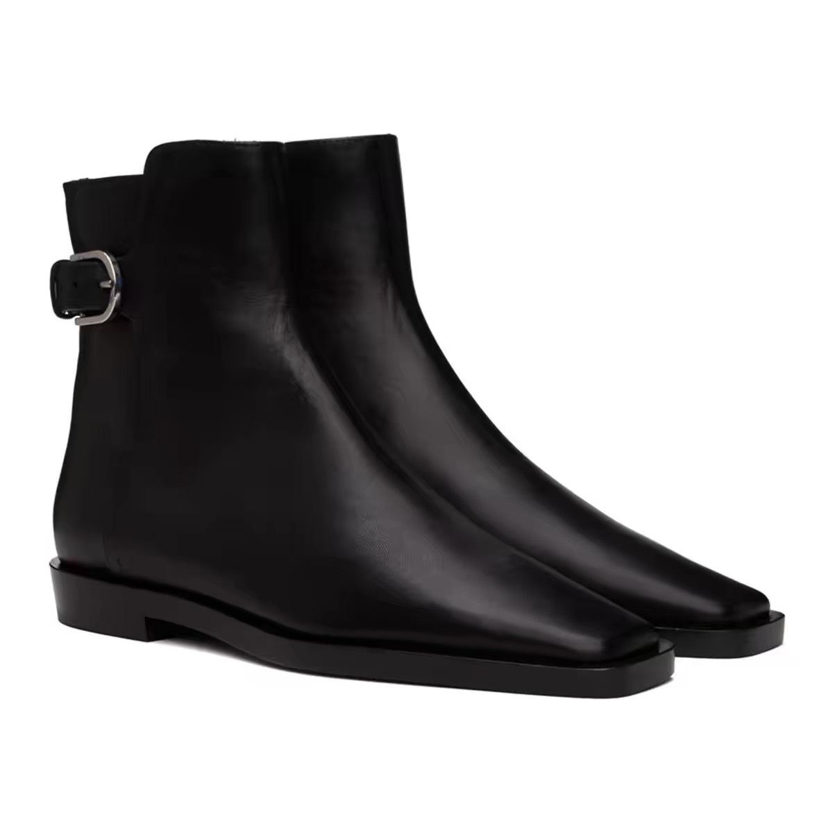 

Leather Vintage Niche Small Square Head Flat Bottom Low Heel Chelsea Short Boots Skinny Boots Women s Autumn and Winter Martin Boots Leather Boots 40 чорний