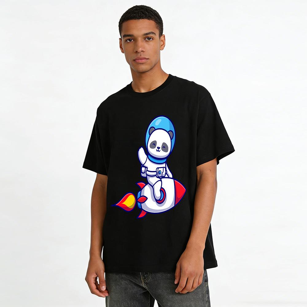 Cute Space Panda Riding Rocket Print Kids Casual Top Pure cotton T-shirt