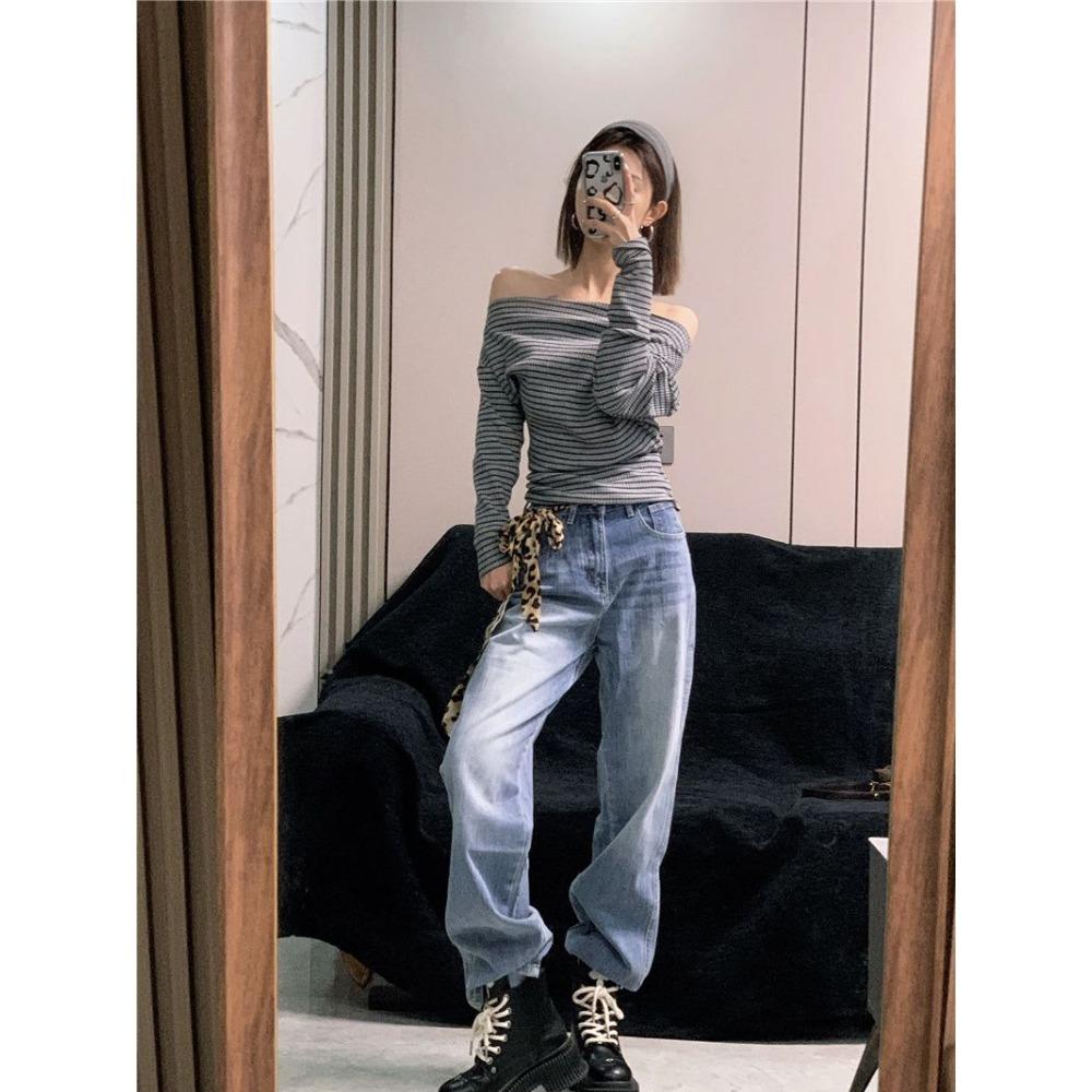 American Style Stripe Off Shoulder Long Sleeve Tshirt Slim Fit Waist Design Top