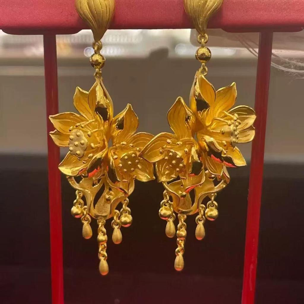 Golden Lotus Tassel Earrings: Elegant Floral Moon Wedding Studs