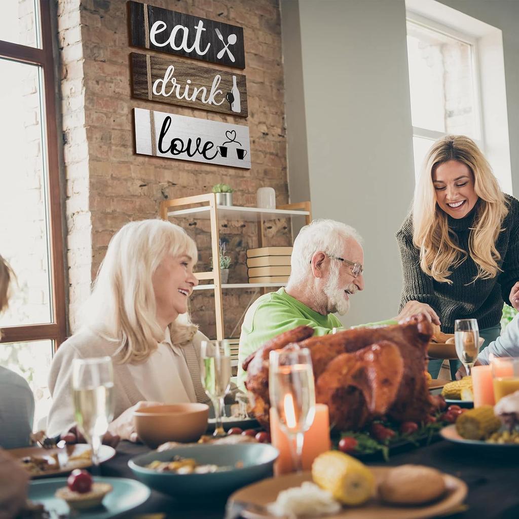 Jetec 3 Pcs Farmhouse Kitchen Wall Decor Rustic Wooden Home Eat Drink Love Sign with Hanging Hole for Home Dining Living Room Bar Cafe Decor(Vivid