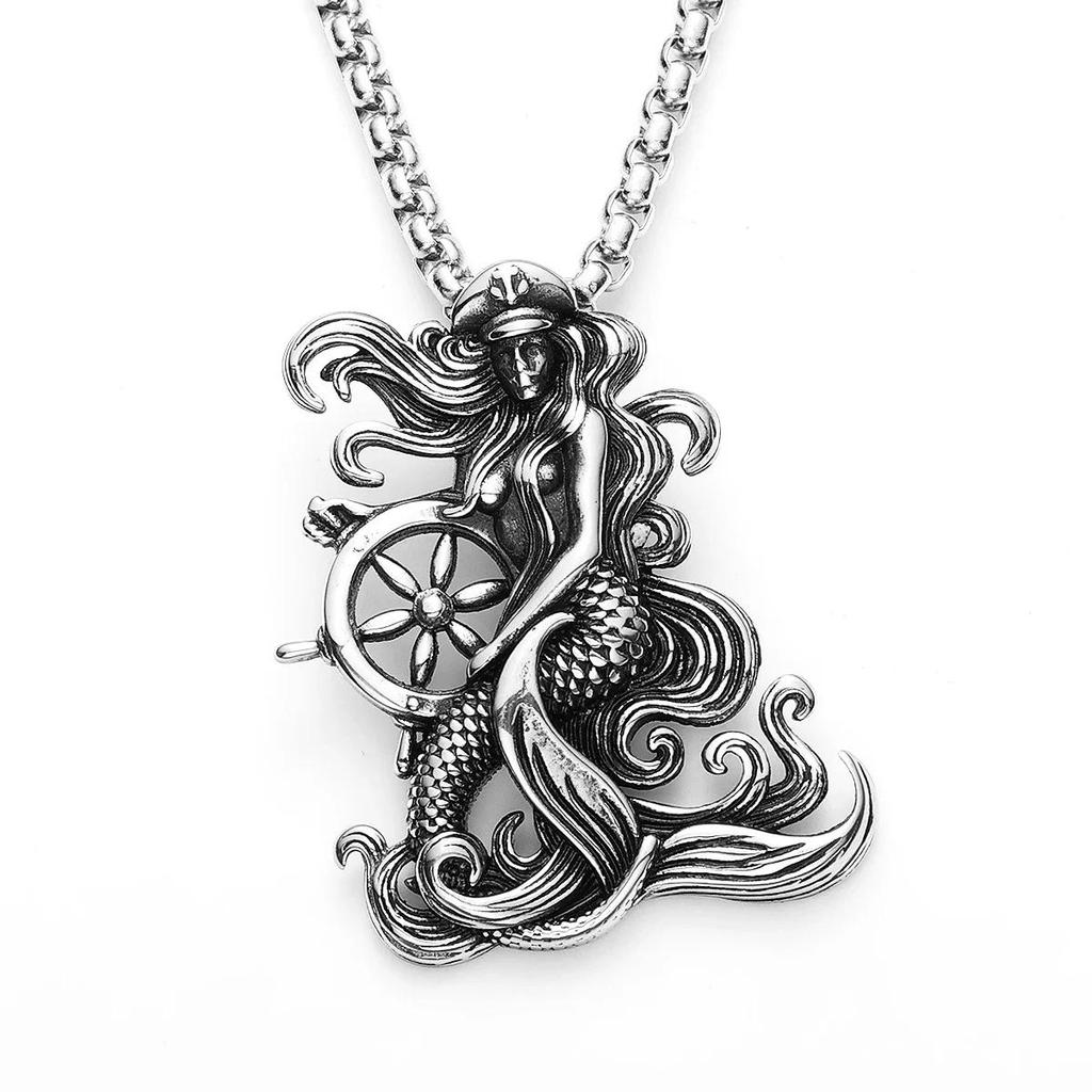 Vintage Retro Captain Mermaid Pendant Necklace Chain Unisex Men Women Fashion Gothic Amulet Talisman Jewelry Party Gift