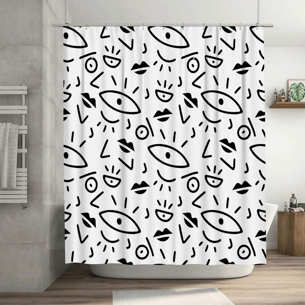 Black White Cartoon Pattern Shower Curtains Modern Simple Bathroom Decor Waterproof Fabric Print Bath Mat Sets For Home Decorati