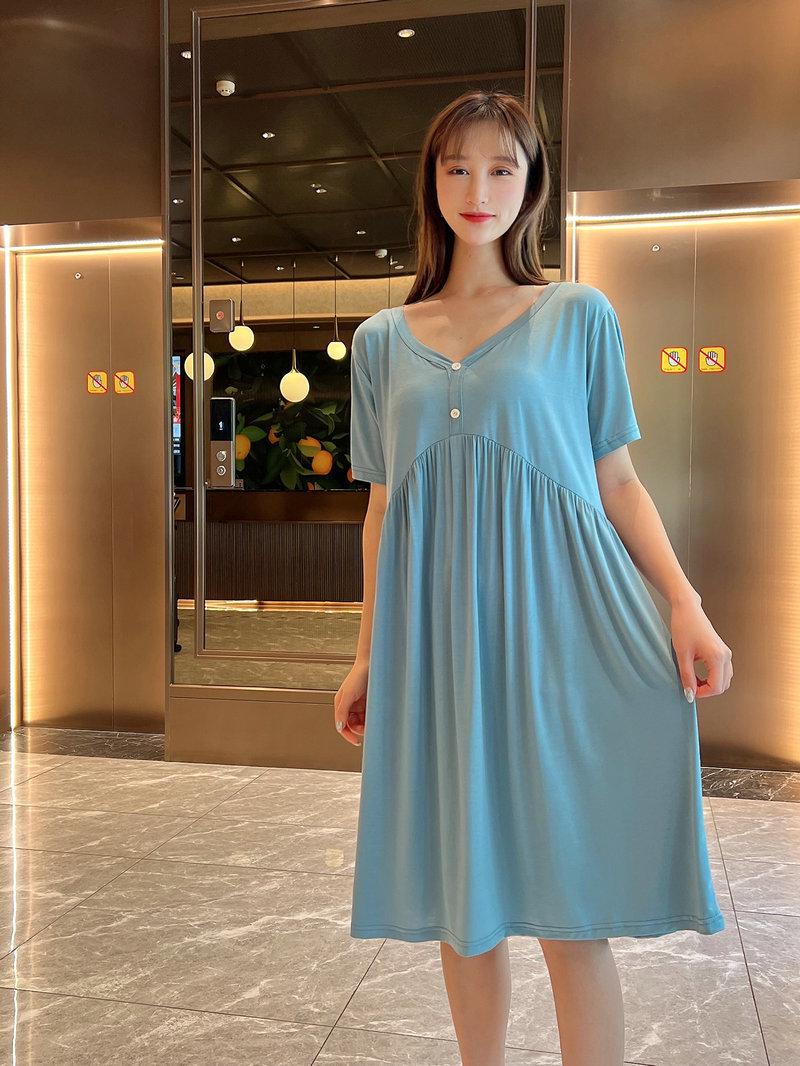 

Женское платье-трапеция из модала с коротким рукавом и пуговицами - свободный крой, большие размеры, летняя ночная рубашка XL