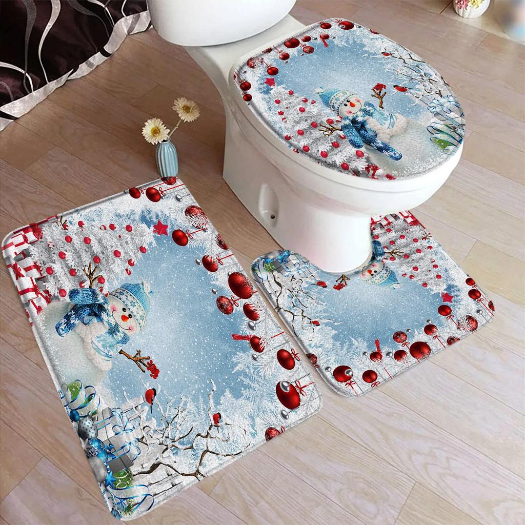 Red Christmas Shower Curtain Set Funny Santa Claus Gift Green Pine Branches Xmas Balls Home Bathroom Decor Bath Mat Toilet Cover