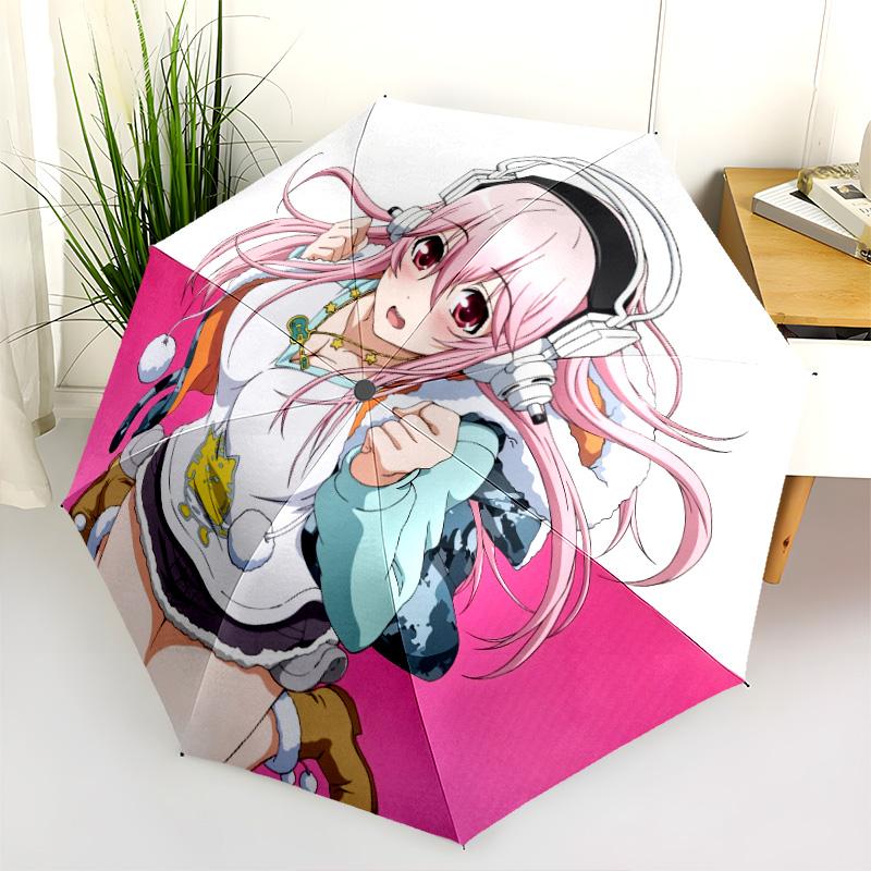 Super Sonico  pattern, automatic folding umbrella, portable and foldable design, 8 ribs, a Christmas or birthday gift.