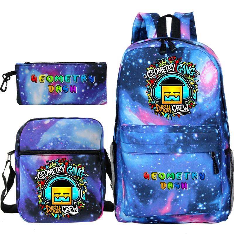 Ensemble 3 pièces Sac à dos Geometry Dash Sac d'école Sac à bandoulière Trousse à crayons Sac à dos léger à fermeture éclair Sac Tendance pour Adolescent Garçon Fille