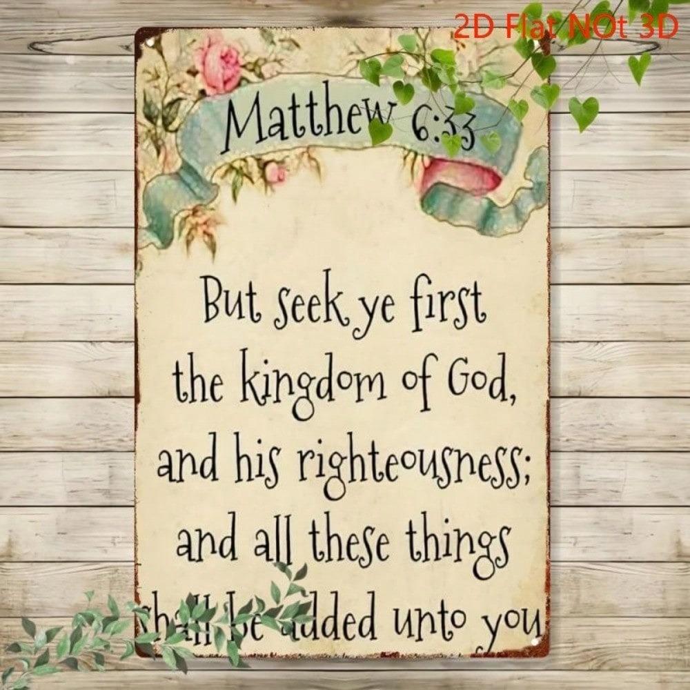 Vintage Metal Bible Verse Sign 6:33 Seek His Kingdom First, 2D Flat Wreath Plaque, Colorful Inspirational Decor
