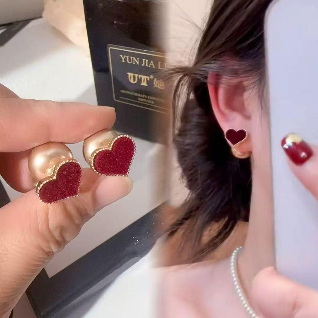 Luxurious Red Heart Pearl Stud Earrings for Women