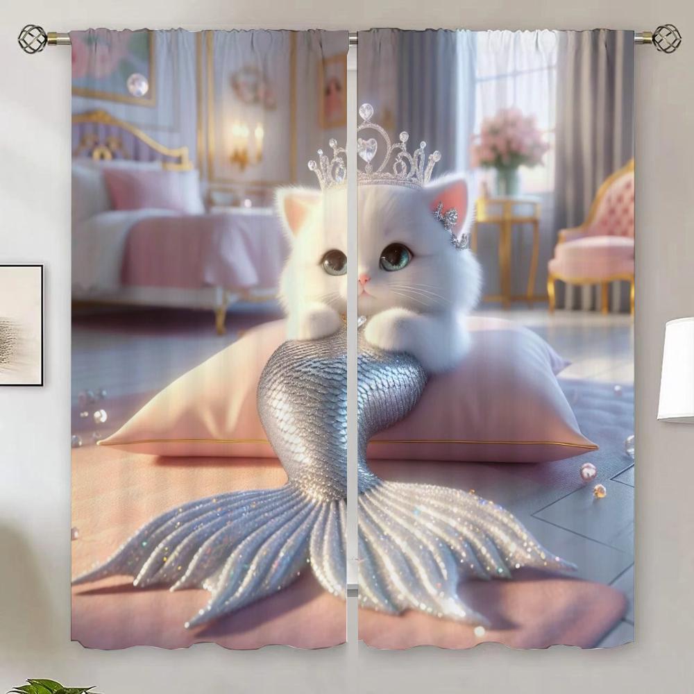 Mermaid Cat Elegant Room Curtains for Living Room Cheap Things With Free Shipping for Home Interior Curtains Blackout Curtain