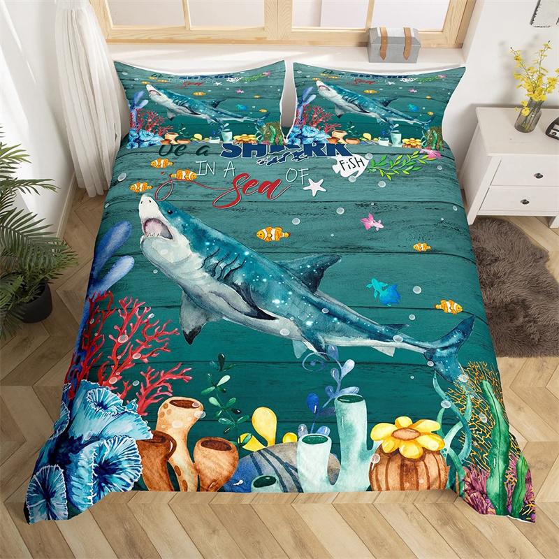 Dolphin Duvet Cover Nautical Sea Animal Bedding Set Underwater World Fish Sealife Quilt Cover Coral Reef Seaweed Queen Bed Set